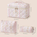 HBselect Quilted Makeup Bag, 3PCS Cotton Large Travel Makeup Bag, Cute Floral Coquette Make up Bag Cosmetic Bag Toiletry Bag for Women Girls
