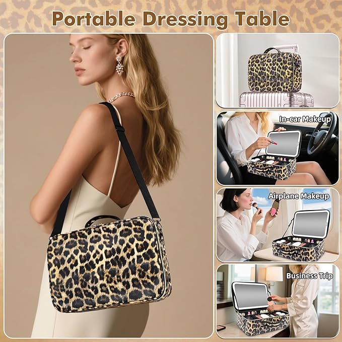 15''X11'' Makeup Bag with Removeable Lighted Mirror, Travel Makeup Case with 3 Color Lights Dimmable Brightness, Large Capacity Cosmetic Organizer Case with Detachable Dividers & Shoulder Strap