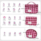 FAELBATY Makeup Bag Large Checkered Fabric Toiletry Organizer Bag for Women Girls (Rose Red)