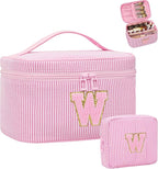 Personalized Initial Makeup Bag for Women,Make Up Case for Girlfriend Bridesmaid Wife,Maid Matron of Honor Gift, Bride to be Gifts,Bachelorette Party Favors,Birthday Gift for Her Pink W