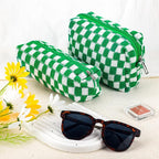2Pcs Checkered Pencil Case Cute Pencil Pouch for Teens Checkered Makeup Bag Travel Cosmetic Bag Set Cute Makeup Pouch for Purse Portable Zippered Skincare Bags Preppy Toiletry Bags Organizer(Green)