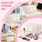 Personalized Quilted Cosmetic Bag, Puffy Monogrammed Christmas Birthday Gifts for Women & Girls, Cute initial Floral Makeup Bag Puffer Coquette Bag, Aesthetic Travel Toiletry Zipper Pouch(Pink,B)