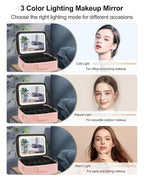 Relavel Makeup Bag with LED Mirror, 16.2 inches Large Professional Makeup Case for Makeup Artists, Travel Portable Cosmetic Organizer Storage Box, Vanity Case with 3 Colors Lighted Mirror, Pink