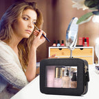 Pinkmik Travel Clear Makeup Bag with Brush Case TSA Approved Toiletry Bag Waterproof Cosmetic Organizer with Zipper Car Essential for Women (Black, M+SLIM)