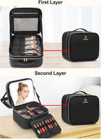 TANTO Travel Makeup Bag with LED Mirror Double Layer Makeup Case with Lighted Mirror Dual Layer Cosmetic Train Case Portable Artist Organizer Bag with Dividers and Rechargeable Vanity (Black, Small)
