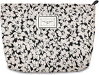 STARDW Aesthetic Floral Makeup Bag Cute Small Cosmetic Bags for Women Girls, Travel Toiletry Bag Large Capacity Zipper Makeup Pouch, Purse Organizer Pouches (White Flowers)