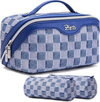 BOYATU Travel Makeup Bag for Women: Large Cosmetic Bag Set of 3 - PU Leather Make up Bag with Compartments - Compact Waterproof Toiletry Bag with Divider & Handle (D-1-Blue)