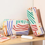SOIDRAM Corduroy Cosmetic Bag - Large Capacity Makeup Pouch with Stripe Pattern and Makeup Brush Storage - Travel Toiletry Bag Organizer