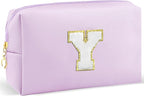 Gifts for Girls Initial Makeup Bag Personalized Cosmetic Bag with Zipper Cute Travel Toiletry Bag Waterproof PU Preppy Makeup Pouch Birthday Gift for Teen Girls Women(Purple Y)