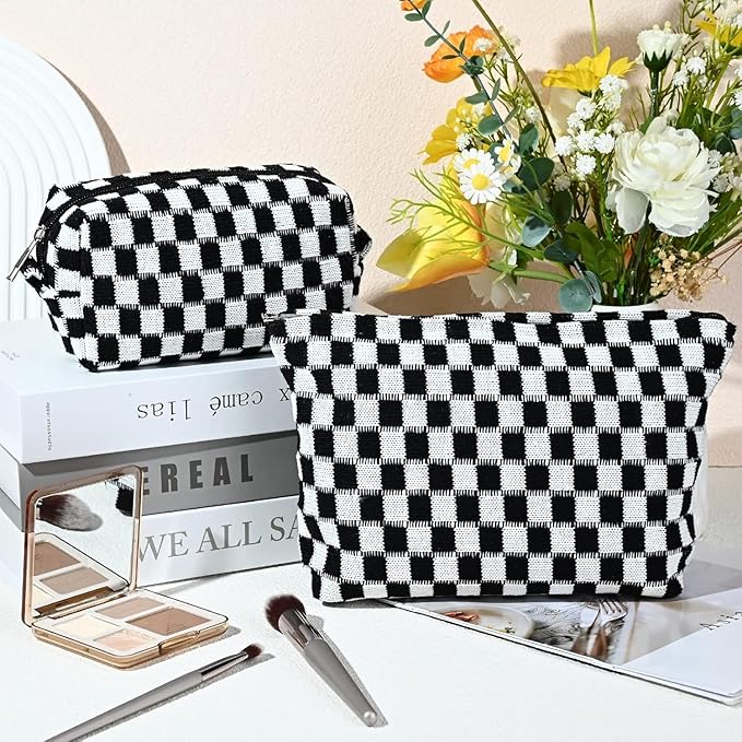 Travel Makeup Bag, Checkered Cosmetic Bag Make Up Organizer Case for Women, Small Toiletry Bag Skincare Pouch for Toiletries Accessories Brushes, 2PCS
