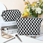 Travel Makeup Bag, Checkered Cosmetic Bag Make Up Organizer Case for Women, Small Toiletry Bag Skincare Pouch for Toiletries Accessories Brushes, 2PCS