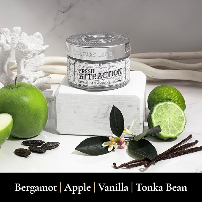 LUXURY LIFE BUTTER - Irresistibly Scented Body Butter with Hyaluronic Acid for Ultimate Moisture. Hydrates for a Non-Greasy Glamorous Glow (Presidential, Fresh Attraction, Luxury 5 oz)