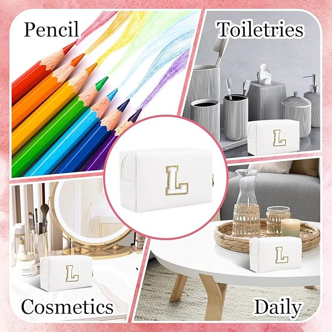 Small Personalized Letter Makeup Bag, Cute PU Leather Chenille Letters Cosmetic Bag Travel Makeup Pouch, Preppy Travel Organizer Zipper Pouch for Women&Girls（White-L）
