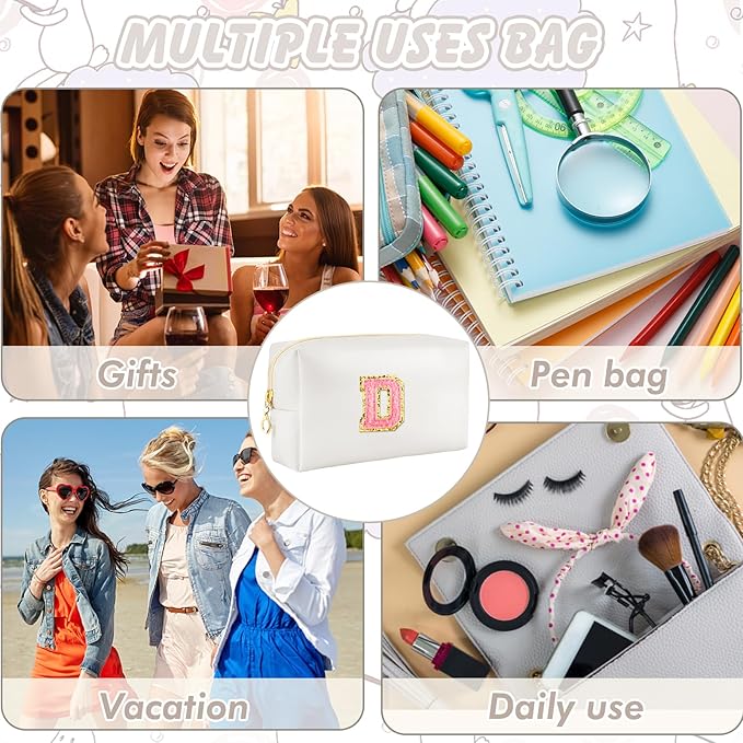 Initial Makeup Bag Personalized Preppy Travel Small Cosmetic Bag Cute PU White Chenille Letter Makeup Pouch for Purse Waterproof Zippered Toiletry Organizer for Women Girls Kids Friends (D)