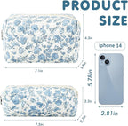 2Pcs Floral Makeup Bag for Women Cotton Quilted Small Coquette Cosmetic Bag Cute Zipper Blue Flower Makeup Pouch Aesthetic Portable Pencil Case Travel Toiletry Bag Trendy Cloth Skincare Bag