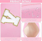 Initial Makeup Bag Personalized Preppy Travel Small Cosmetic Bag Cute PU Pink Chenille Letter Makeup Pouch for Purse Waterproof Zippered Toiletry Organizer for Women Girls Kids Friends (V)