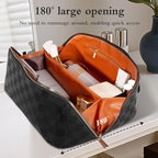 Abiudeng Travel Makeup Bag,Large Capacity Toiletry Bag Cosmetic Bags for Travel Essentials,Waterproof Portable Pouch Open Flat Makeup bag Organizer with Divider and Handle(Checkered-Black)