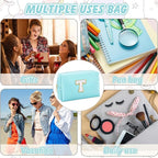 Gifts for Girls Initial Makeup Bag Personalized Cosmetic Bag with Zipper Cute Travel Toiletry Bag Waterproof PU Preppy Makeup Pouch Birthday Gift for Teen Girls Women(Blue T)