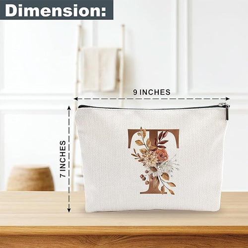 A-Z Boho Personalized Cosmetic Bag-Floral Cotton Letter Makeup Bag With Zipper-Artistic Cosmetic Bag For Travel-Bride,Birthday Gift For Women Daughter Friends-Women Makeup Organizer-A20