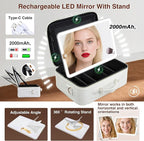 Large Makeup Bag with LED Mirror,Travel Cosmetic Train Case for Makeup Artists,Makeup Organizer Case with Divider Rechargeable Vanity Mirror with 3 Color Lights for Barber,MUA,Nail Tech, Beige
