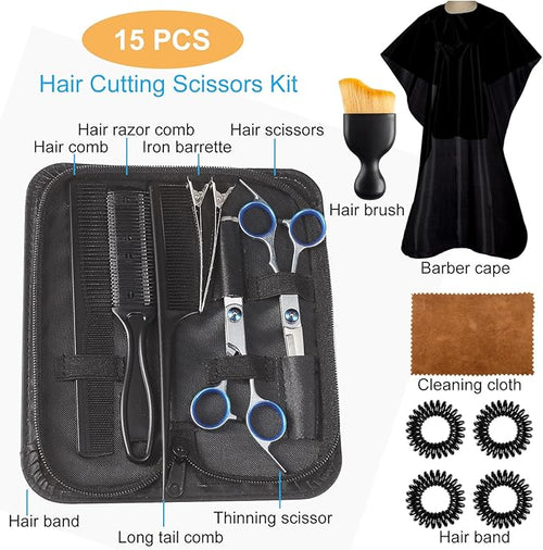 15 pcs Hair Cutting Scissors Professional, Thinning Shears for Hair Cutting, Stainless Steel Barber Scissors, Lengnoyp Haircut Scissors Hair Cutting Kit for Women, Men