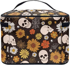 Gothic Skull Daisy Floral Pattern Travel Makeup Bag for Women Large Capacity Cosmetic Bags with Zipper and Handle Make Up Tote Bags Organizer Portable Toiletry Bags
