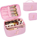 MONSTINA Initial Makeup Bag with Brush Holder and Divider,Birthday Gifts for 4 5 6 7 8 9 10 11 12 Year Old Girls, Personalized Preppy Cosmetic Bag |Cute Toiletry Bag,2PCS,Pink J