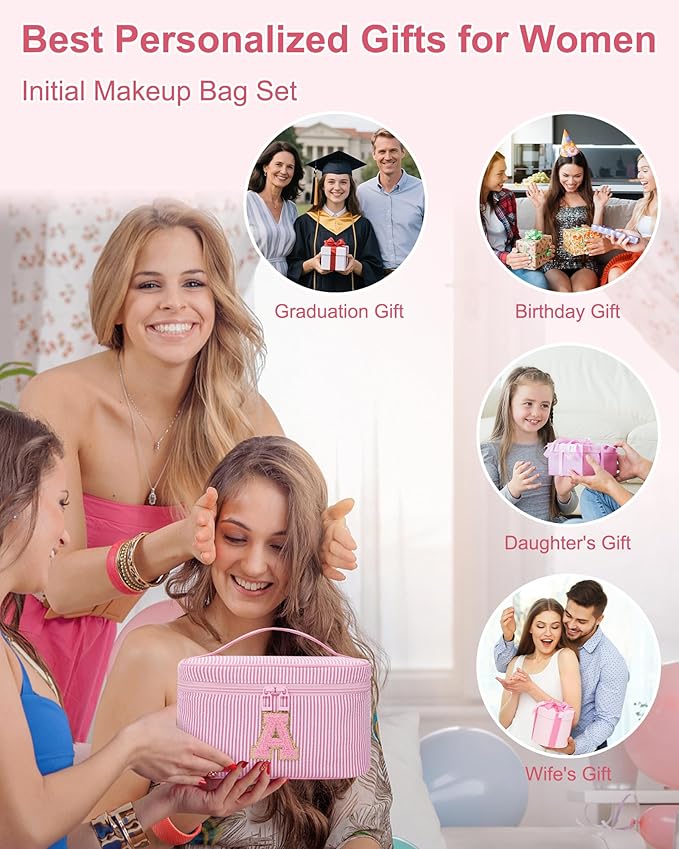 MONSTINA Initial Makeup Bag for Women,Personalized Make Up Case for 10 11 12 13 14 15 16 17 18 Years Old Teen Girls Gifts|Cute Toiletry Bag Preppy Chenille Letter Patch,Pink F