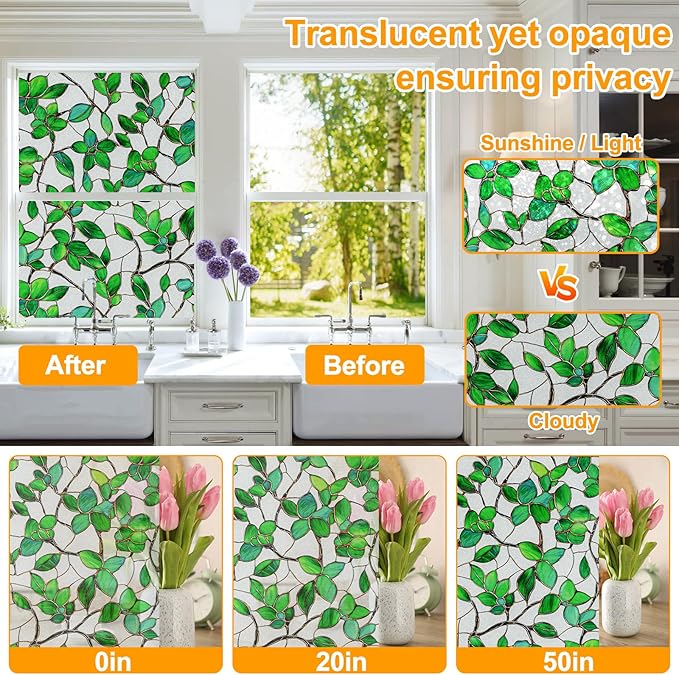Window Privacy Film Stained Glass Window Film Frosted Window Film Window clings Non-Adhesive Reusable Decorative for Home Removable (Green Frosted, 35.4 X 157.4 in)