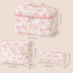 HBselect Quilted Makeup Bag, 3PCS Cotton Large Travel Makeup Bag, Cute Floral Coquette Make up Bag Cosmetic Bag Toiletry Bag for Women Girls