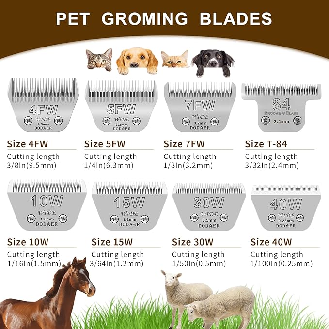 Size 10W/7FW/5FW/4FW Detachable Dog,Cat,Sheep & Horse Grooming Wide Blades Set,Compatible with Andis,Oster A5,Wahl KM10 Series Clippers,Cut Length 1/16"(1.5mm) to 3/8”(9.5mm),4 Pack