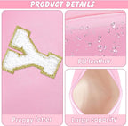 Initial Makeup Bag Personalized Preppy Travel Small Cosmetic Bag Cute PU Pink Chenille Letter Makeup Pouch for Purse Waterproof Zippered Toiletry Organizer for Women Girls Kids Friends (Y)