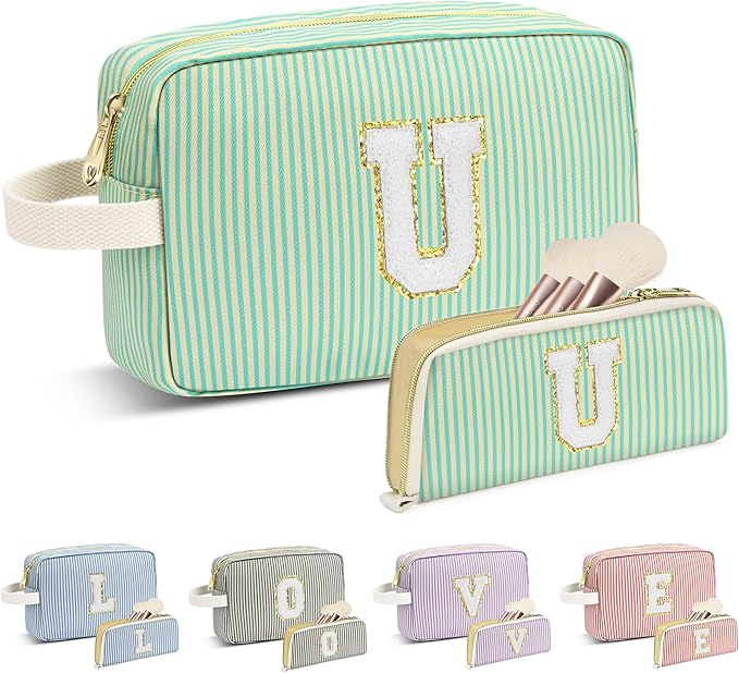 Travel Makeup Bag Christmas Gifts for Women Girl Teens, Personalized Initial Makeup Bag for Cute Teen Girls, Preppy Stuff Toiletry Bag Cosmetic Bag, Teen Girls Gift Trendy Stuff, Letter U