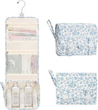 Relavel Small Hanging Toiletry Bag for Men and Women, Portable Hanging Organizer for Travel-Sized Shower Dopp Kit, Waterproof Toiletries Organizer with 3 Compartments for Outdoor - Blue Flower