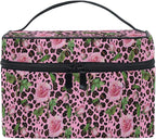 Makeup Bag, Roses On Pink Leopard Travel Makeup Organizer Bag Cosmetic Cases Toiletry Bags for Girl Women Ladies