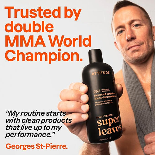 ATTITUDE Men's Shampoo and Conditioner 2-in-1, Nourishing For Dry Hair and Scalp, With Panthenol and Ginseng, 97% Natural Origin Ingredients, EWG Verified, Patchouli & Bourbon, 14 Fl Oz