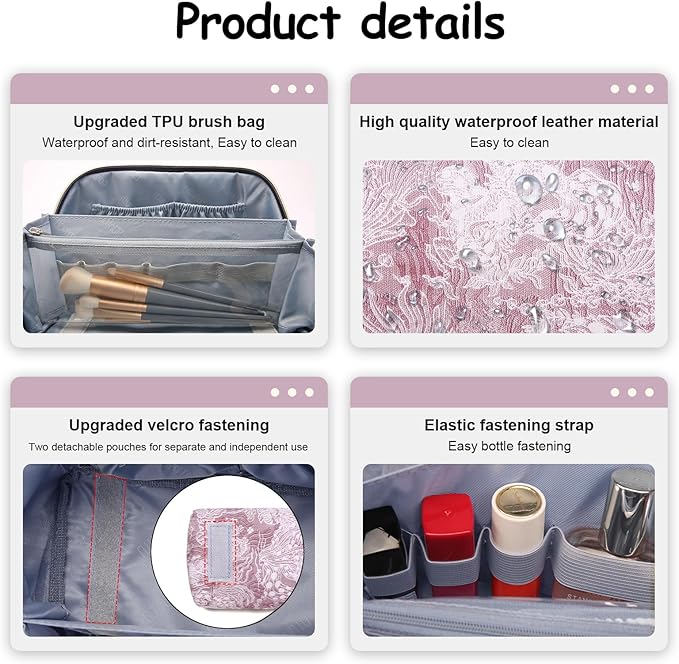 BOYATU Travel Makeup Bag for Women: Large Capacity Make up Bag with Compartments - Vegan Leather Cosmetic Bag set of 3 - Waterproof Toiletry Bag with Handle & Divider(E-1-Purple)