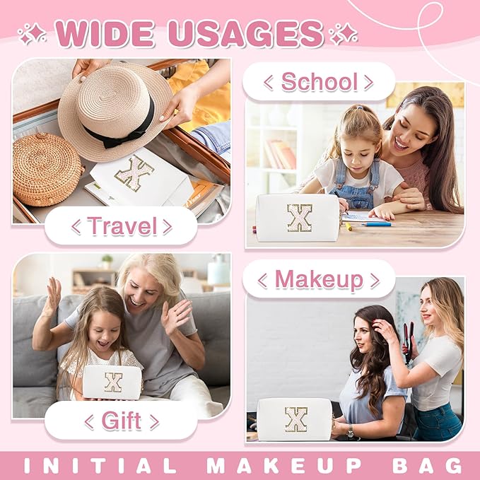 Small Initial Patch Makeup Bag Personalized Gifts Make Up Bag,White Cute PU Leather Glitter Letter Cosmetic Bag with Zipper,Trendy Portable Travel Toiletry Pouch,Preppy Stuff for Teen Girls Women X