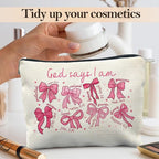 God Says I Am Pink Christian Makeup Bag, Coquette Pink Bow Preppy Cosmetic Bags for Women, Christian Gifts for Women, Faith Based Gifts, Coquette Preppy Bowknot Stuff Zipper Makeup Pouch