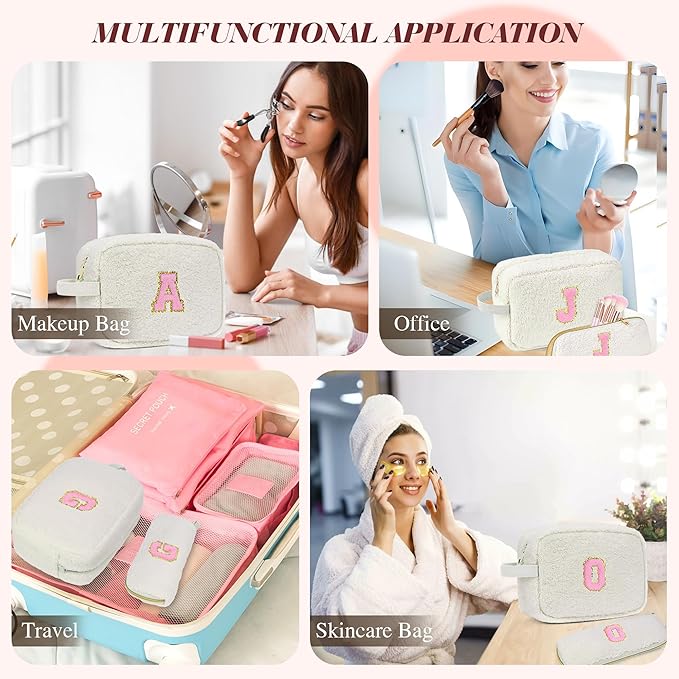 for Christmas Day Gifts, Travel Makeup Bag for Women, Initial Make Up Bag Set for 6 7 8 9 10 11 12 13 Years Old Kids Tween Girls, Large Cosmetic Skincare Bags for Birthday Gifts, White W