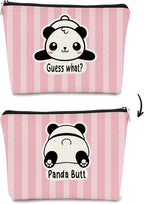 Panda Gifts Makeup Bag for Women Girls, Cute Baby Panda 'Guess What It's Pug Butt' Cosmetic Case for Teens Daughter, Accessories (Pink Stripe)
