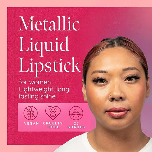 Aromi Rosy Peach Metallic Liquid Lipstick | Long-Lasting Lip Color with Shimmery Finish, Rose Gold Shade (Pumpkin Spice)