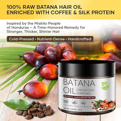 Batana Oil for Hair Growth, Cold-Pressed, Natural & Unrefined, Batana Oil for Dry Damaged Hair, Thinning Hair, Scalp Treatment for Men & Women, Frizz Control, Strength & Shine (4.23 Fl Oz)
