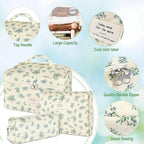 3Pcs Makeup Bag Quilted Cotton Cosmetic Bags for Women Large Small Blue Makeup Pouch Set Cute Coquette Floral Travel Bags Portable Skincare Toiletry Bag Vintage Puffy Essential Organizer