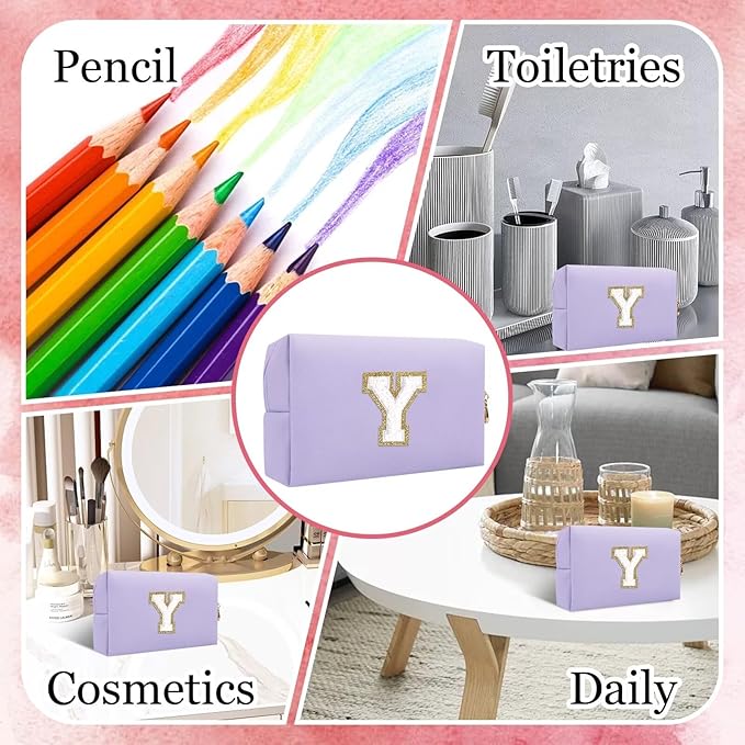Small Personalized Letter Makeup Bag, Cute PU Leather Chenille Letters Cosmetic Bag Travel Makeup Pouch, Preppy Travel Organizer Zipper Pouch for Women&Girls（Purple-Y）