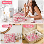 3Pcs Cotton Quilted Makeup Bag for Women Large Small Travel Cosmetic Bag Set Cute Pink Floral Print Makeup Pouch for Purse Portable Skincare Bags Coquette Vintage Puffy Travel Essential