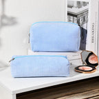 SOIDRAM Corduroy Cosmetic Bag - Cute Blue Makeup Pouch, Large Capacity, Travel Toiletry Bag Organizer with 1Pcs Makeup Brushes Storage