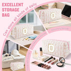 Personalized Quilted Cosmetic Bag, Puffy Monogrammed Christmas Birthday Gifts for Women & Girls, Cute initial Floral Makeup Bag Puffer Coquette Bag, Aesthetic Travel Toiletry Zipper Pouch(Pink,O)