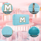 Small Personalized Letter Makeup Bag, Cute PU Leather Chenille Letters Cosmetic Bag Travel Makeup Pouch, Preppy Travel Organizer Zipper Pouch for Women&Girls（Blue-M）