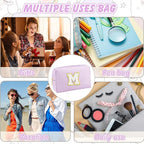 Gifts for Girls Initial Makeup Bag Personalized Cosmetic Bag with Zipper Cute Travel Toiletry Bag Waterproof PU Preppy Makeup Pouch Birthday Gift for Teen Girls Women(Purple M)